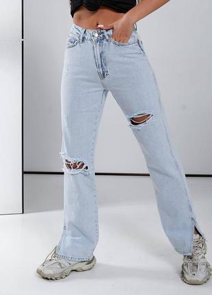 Трендовые женские джинсы трубы рваные широкие7 фото