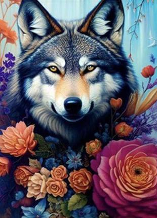 Алмазна мозаїка "вовк серед квітів" 40х50 см
