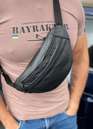 Мужская черная нагрудная сумка бананка натуральная кожа