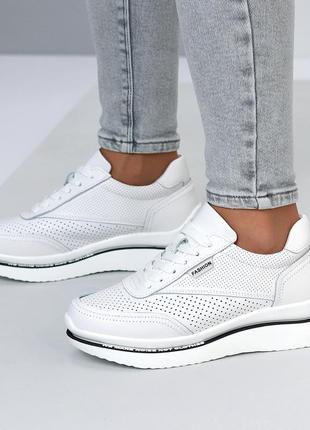 Женские белые кроссовки с перфорацией из натуральной качественной кожи на шнурках, классическая моде2 фото