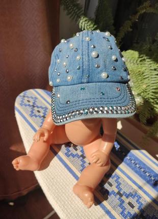 Джинсова кепка бейс з камінчиками і бусинками, джынсовая кепка2 фото
