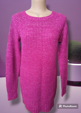 Женский свитер джемпер удлиненный фуксия серебристый люрекс