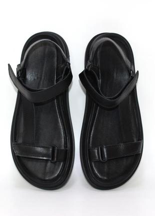Стильные черные женские летние легкие босоножки сандалии на липучках, кожаная/натуральная кожа на лето4 фото