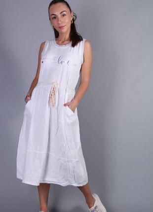 Белое льняное комбинированное платье италия