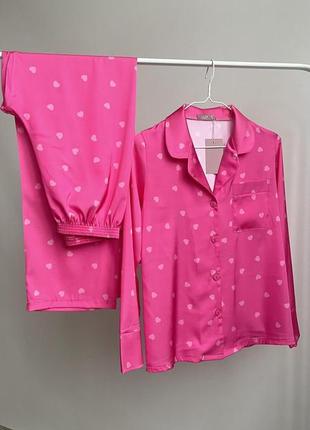 Шелковая пижама в полоску рубашка и штаны, розовая пижама сердечки из шелка рубашка с длинными рукавами и брюки, пижама с сердечками сатин