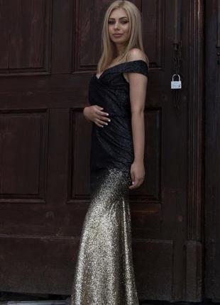 Сукня рибка з блискітками обмре золото з чорним в підлогу випускна сукня