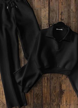 Костюм женский однотонный кофта с вырезом брюки свободного кроя на высокой посадке качественный, стильный трендовый черный