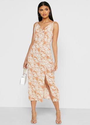 Цветочное бежевое платье миди с разрезом платье zara