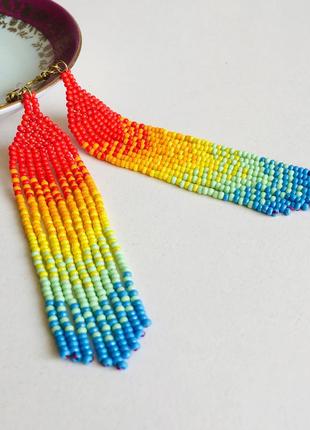 Бисерные серьги радуга, радужные серьги, разноцветные длинные серьги из бисера2 фото