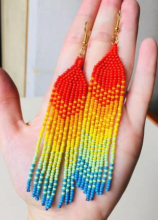 Бисерные серьги радуга, радужные серьги, разноцветные длинные серьги из бисера3 фото