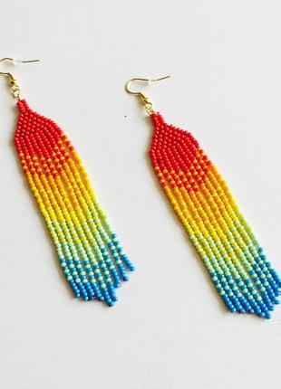Бисерные серьги радуга, радужные серьги, разноцветные длинные серьги из бисера4 фото