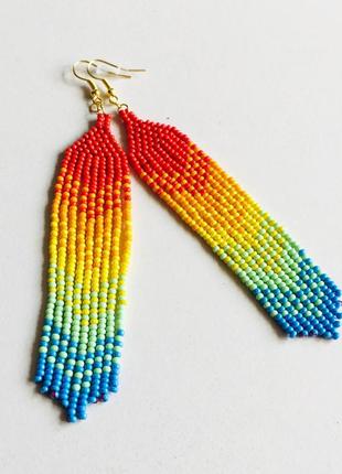 Бисерные серьги радуга, радужные серьги, разноцветные длинные серьги из бисера5 фото