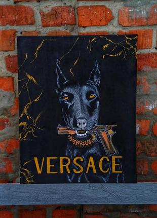 Картина versace, доберман, золото, черный, інтер'єр, поп арт, стильна, сучасна, на подарунок
