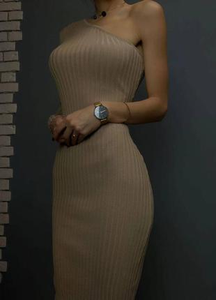 Платье рубчик мустанг (шикарное качество товара, туречковина), платье женское с одним рукавом и разрезом сбоку,беж, черный5 фото