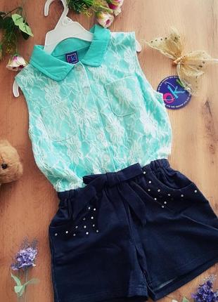 Комбінезон комплект на дівчинку бірюзовий, поло сіточка ажурна, шорти