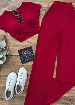 Костюм жіночий однотонний топ короткий штани вільного крою на високій посадці якісний стильний трендовий червоний