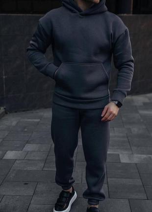 Спортивний костюм чоловічий на флісі кофта кенгуру вільного крою штани джогери комплект теплий стильний базовий чорний сірий синій9 фото
