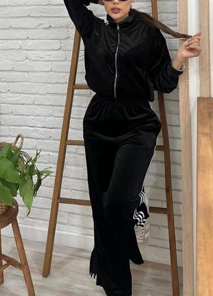 Ідеальний чорний велюровий спортивний костюм двійка зі штанами з лампасами з кофтою на змійці3 фото