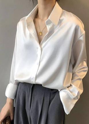 Шовкова сорочка вільного крою з довгими рукавами блуза рубашка блузка стильна базова біла чорна хакі сіра4 фото