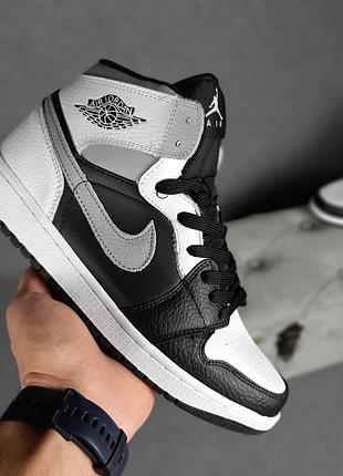 Nike air jordan 1 білі з чорним і сірим кросівки чоловічі шкіряні топ якість найк джордан осінні весняні демісезонні демісезон високі шкіра шкіряні
