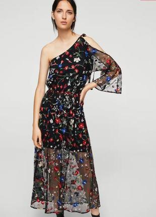 Шикарне вишите квітами плаття сітка mango на одне плече.