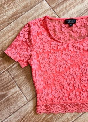 Красивый кружевной кроп топ футболка, коралловый цвет topshop2 фото
