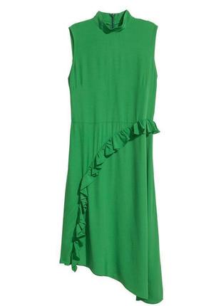 Зеленое платье миди h&amp;m с оборками.2 фото