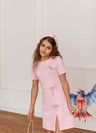 Платье детское, подростковое, с украшением брошь со стразами, нарядное, розовое7 фото