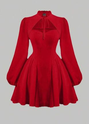 Платье короткое однотонное на длинный рукав приталено с вырезом качественная стильная трендовая красная