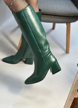 Зеленые кожаные сапоги с острым носом на устойчивом каблуке1 фото