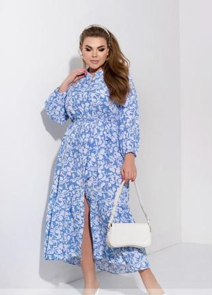 Платье - макси женское, длинное, с длинным рукавом, с текстильным поясом, батал, цветочное, голубое1 фото