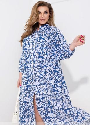 Платье - макси женское, длинное, с длинным рукавом, с текстильным поясом, батал, в цветы синее джинс