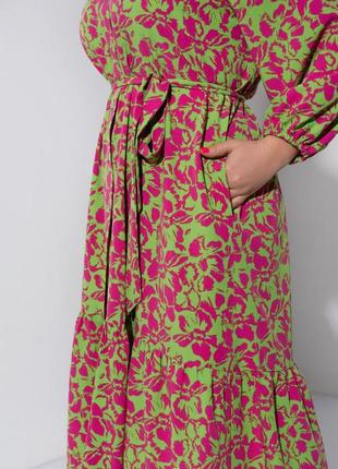 Платье - макси женское, длинное, с длинным рукавом, с текстильным поясом, батал, в цветы, салатовое2 фото
