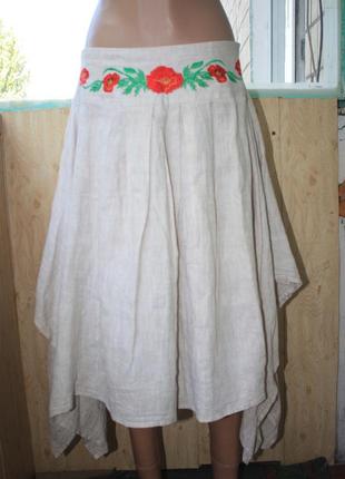 Стильная льняная миди юбка 100% лён с вышивкой маки в стиле бохо этно слобожанка украина1 фото