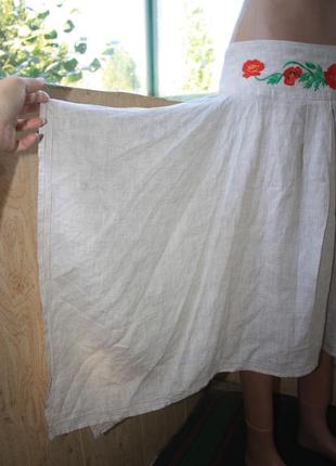 Стильная льняная миди юбка 100% лён с вышивкой маки в стиле бохо этно слобожанка украина3 фото