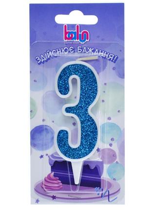 Свічка цифра для торта "8", біла із синім глітером6 фото