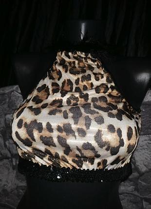 Блестящий леопардовый топ с пайетками и пухом для хищной киски