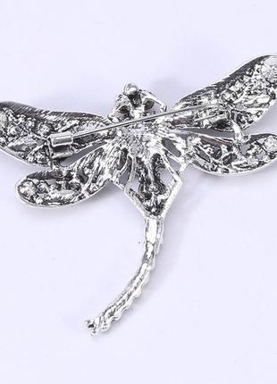 Вінтажна брошка у вигляді бабки (стрекози) срібляста з бірюзовими кристалами5 фото