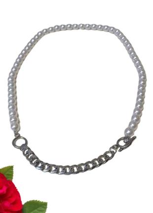 Комбіноване намисто з перлин колір білий довжина 50 см (намистинка 8 мм) ланцюжок із нержавіючої сталі2 фото