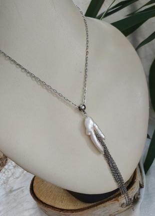 Кулон на ланцюжку з бароковим перлами "кальмар"2 фото