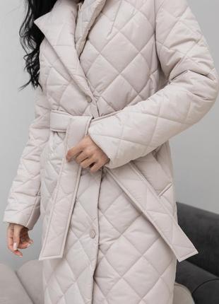 Пальто деми женское стеганое под пояс на силиконе стокгольм латте10 фото