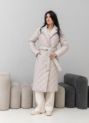 Пальто деми женское стеганое под пояс на силиконе стокгольм латте6 фото