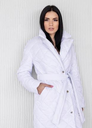 Пальто демі жіноче стьобане під пояс на силіконі стокгольм біле3 фото