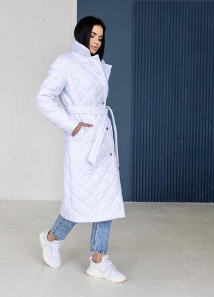 Пальто деми женское стеганое под пояс на силиконе стокгольм белое8 фото