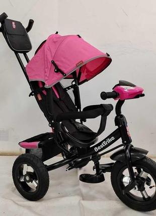 Детский велосипед трехколесный с ручкой best trike 3390 / 36-769 розовый, надувные колеса, фара usb, пульт