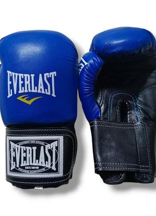 Боксерские перчатки everlast 8 oz кожа сине-черные1 фото