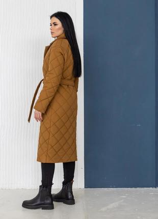 Пальто демі жіноче стьобане під пояс на силіконі стокгольм карамель4 фото
