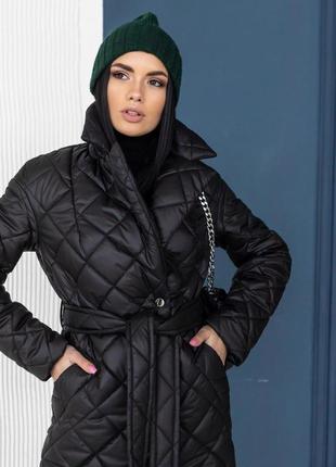 Пальто демі жіноче стьобане під пояс на силіконі стокгольм чорне8 фото
