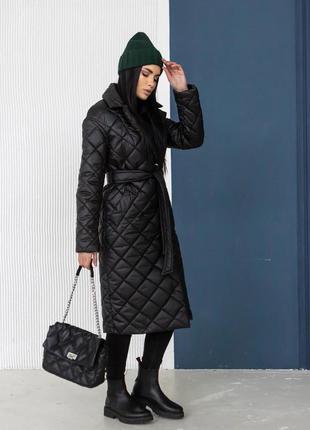 Пальто демі жіноче стьобане під пояс на силіконі стокгольм чорне3 фото