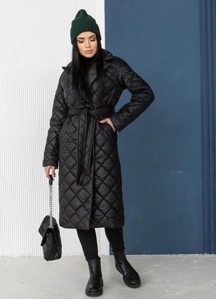 Пальто деми женское стеганое под пояс на силиконе стокгольм чорне1 фото